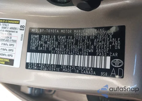 2010 Toyota Corolla Le z USA, uszkodzony, nr VIN 2T1BU4EE4AC247084